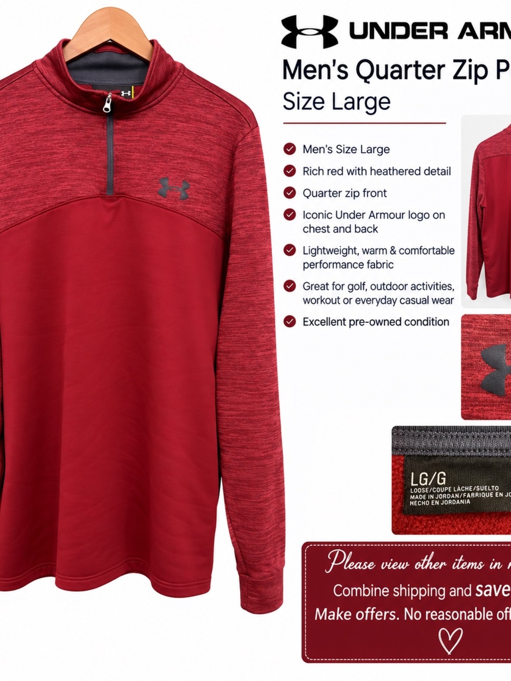 Under Armour Men’s LG Burgundy Quarter Zip Pullover Sweatshirt Heat Gear